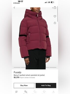 Final Price-No Offers! Fusalp Barsy Velvet-Panel Ski Puffer Down Jacket -Size 36